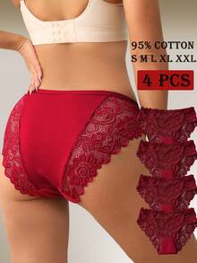 4条装优雅纯色内裤蕾丝边三角裤女士内衣套装圣诞节 - 酒紅色 - 查看 1