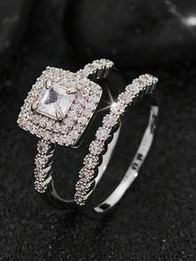 2pcs Luxury Fashion Women's Ring Set, Inlaid With Sparkling White Synthetic Cubic Zirconia, Multi-Element Design, Women's Wedding Engagement Fine Jewelry, Elegant Party & Wedding Accessories, Romantic Gift