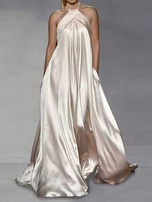 女士优雅缎面吊带连衣裙，宽松飘逸，仙气十足，适合夏季外出、情人节、婚礼宾客、生日等各种场合，白色连衣裙，优雅女士礼服，派对礼服 - 杏色 - 查看 3