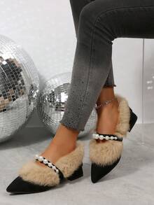 Scarpe da donna con punta affusolata e finta pelliccia, tacco spesso, fodera termica, stile francese, versatili e confortevoli, con finta perla - nero - Visualizzare 7