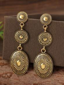 復古波西米亞西部風格圖騰雕刻幾何拼接金屬合金掛墜耳環（1對） - 復古銀色 - 查看 7