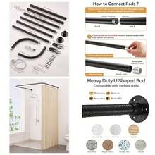 U Shaped Shower Curtain Rod, Both Sides: 23.652 Middle: 3146. Adjustable U Shape Shower Rod No - Sagging Curtain Rod Bathroom Bathtub With 12 Ring Hooks Ceiling Support - U Shape + Matte Black - View 1