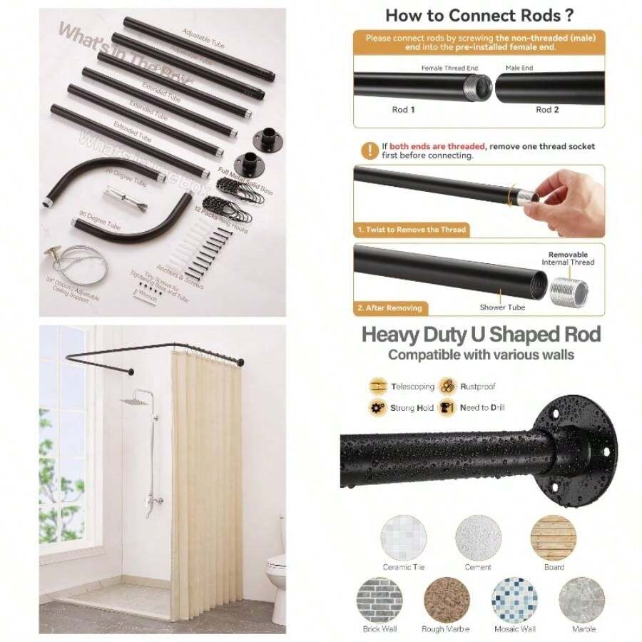 U Shaped Shower Curtain Rod, Both Sides: 23.652 Middle: 3146. Adjustable U Shape Shower Rod No - Sagging Curtain Rod Bathroom Bathtub With 12 Ring Hooks Ceiling Support - U Shape + Matte Black - View 1