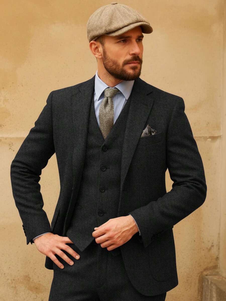 Retro 3 Piece Men Suit Tweed Herringbone Men's Suits Groom Tuxedos Set Prom Brown Grey Jacket Blazer Vest Pants Wedding Prom Tuxedos Groomsmen - 黑色 - 查看 1