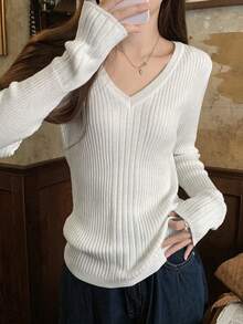 女士 V 领修身罗纹针织毛衣，百搭长袖休闲上衣 - 白色 - 查看 4