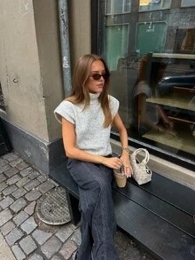 Senya 2026 Women's New Casual Elegant Short Sleeve Knit Sweater, Soft Knit, Loose Fit, Suitable For Spring And Summer Wear, Solid Color Turtleneck, Suitable For Daily Commute, Office Wear And Airport Outfit.