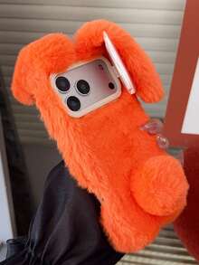 Fluffy Rabbit Winter Phone Case Compatible With IPhone 17 Pro Max, Lens Holder, Orange, Warm Plush Cover For IPhone 16, 15, 14 Anti-Drop Protection