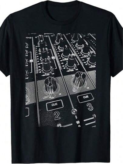 Camiseta gráfica con perillas de mezcladora de DJ vintage, camiseta de cuello redondo 100% algodón, manga corta, ajuste regular, top impreso por transferencia de calor para hombres, ropa deportiva y casual, cuatro estaciones - 180g, camisetas vintage, hecho en EE. UU., camiseta de DJ