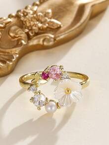 1 pieza Anillo de mujer con diseño único de mariposa y flor con micro-incrustaciones de circonita, joyería de dedo dulce