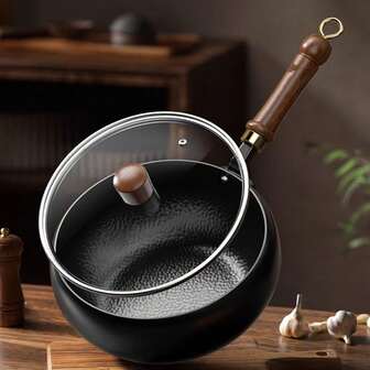 手工锤制炒锅、炒锅和深锅 - 无涂层不粘锅、耐热、平底、适用于电磁炉和燃气灶、大肚设计，适合家庭烹饪、户外露营和配菜