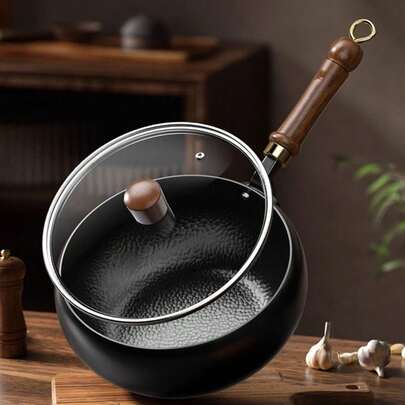 Handcrafted Hammered Wok, Stir Fry Pan & Deep Pot - Uncoated Non-Stick, Heat Resistant, Flat Bottom, Suitable For Induction & Gas Stove, Large Belly Design For Home Cooking, Outdoor Camping & Side Dishes