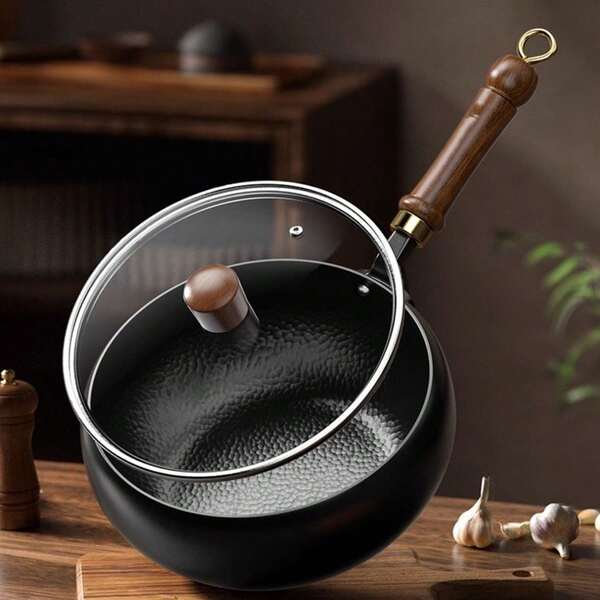 Handcrafted Hammered Wok, Stir Fry Pan & Deep Pot - Uncoated Non-Stick, Heat Resistant, Flat Bottom, Suitable For Induction & Gas Stove, Large Belly Design For Home Cooking, Outdoor Camping & Side Dishes