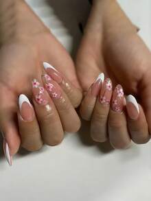 24 Unidades de Unhas Postiças com Formato de Amêndoa, Unhas Brancas, Unhas com Ponta Francesa Branca, Flor de Pessegueiro Fresca, Estilo Minimalista, Unhas Falsas de Cobertura Total Brilhante, Adequadas para Mulheres e Meninas, Suprimentos de Arte de Unhas de Outono e Inverno, Uso Diário.