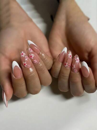 24 Unidades de Unhas Postiças com Formato de Amêndoa, Unhas Brancas, Unhas com Ponta Francesa Branca, Flor de Pessegueiro Fresca, Estilo Minimalista, Unhas Falsas de Cobertura Total Brilhante, Adequadas para Mulheres e Meninas, Suprimentos de Arte de Unhas de Outono e Inverno, Uso Diário.