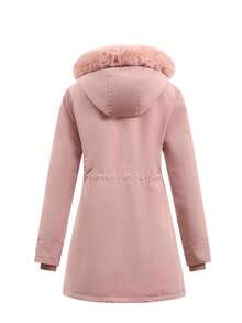 Plus Size Women's Thermal Lined Jacket, Solid Color Mid-Length Hooded Zip-Up WithCinched Waistt, Suitable For Outdoor, Camping, Hiking