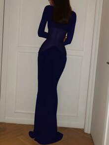 女士性感网眼拼布紧身长袖长裙优雅夜间外出节日派对秋冬装 - 藏蓝色 - 查看 3