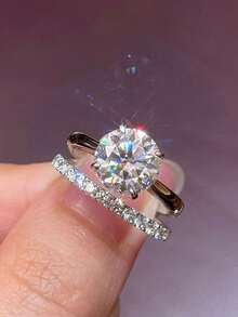 XUJIA 1 Set Of 925 Sterling Silver Wedding Anniversary Round Cut 8mm & 2mm Moissanite Women's Four-Claw Wedding Ring Set