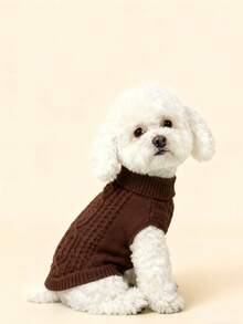 Suéter para animais de estimação, cor café, em tricô trançado, ideal para cães e gatos de pequeno e médio porte. Design minimalista, perfeito para o outono e inverno. Ideal para poodles, teddy bear e para o Ano Novo. - Castanho Café - Ver 6