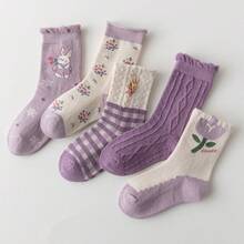 5 Pairs Girls' Purple Tulip & Rabbit Mid-Calf Socks, Suitable For Ages 1-2, 2-3, 3-8, 8-12 Years Old, Spring/Autumn