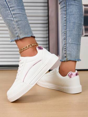 2025新款粉色休闲百搭运动滑板鞋，时尚舒适的白色运动鞋，适合休闲和派对人士的必备鞋