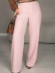Women's Wide Leg Tailored Style Pantaloons With High Waist, Simple Zipper, Pocket, PP To GG, Office, Formal Night And Nighttime, Modern Winter, Premium Sensory Fabric - 粉色 - 查看 2