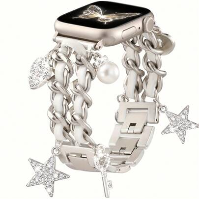 1pc Stylish Metal Band White Leather With Starlight Chain Zinc Alloy Strap Compatible With Apple Watch 38mm 40mm 41mm 42mm 44mm 45mm 49mm (S10 42)Mm(S10 46)Mm, Fashionable Simple Women's Metal Wrist Strap Compatible With Iwatch Series Ultra 2 S10 SE 9 8 7 SE 6 5 4 3 2 1,Fashionable Women's Watch Strap,Smart Watch Strap/Band,Smart Watch Accessories