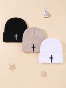 Set di 3 cappellini lavorati a maglia carini per bambini e bambine, con ricamo a punto croce, adatti per l'autunno e l'inverno, caldi e confortevoli. Il carino cappellino per bebè con ricamo a punto croce è la scelta perfetta per tenere i bambini al caldo, per giochi all'aperto e come regalo per feste.