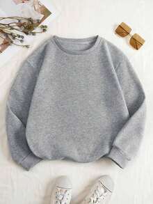 ClothesINAWLY Solid Drop Shoulder Thermal Lined Sweatshirt,Long Sleeve Tops Graduation,Back To School Fits,Graduation,Teacher Fits For Women,Back To S - 淺灰色 - 查看 11
