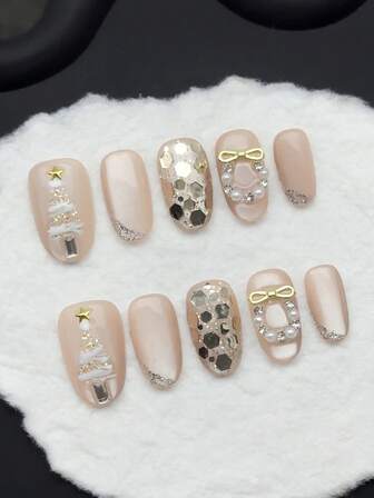 10pcs/Set Handmade Press On Nails Short Oval Nails,Christmas Nails,Champagne Gold Cat Eye Nails, Gold Christmas Tree, Christmas Wreath, Five-Pointed Star, Detachable Fake Nails, Nail Supplies Nail Art,Suitable For Party, Dance, Daily Wear, Student Party, Cosplay, Press-On And Reusable, With Jelly Glue And Nail File DIY Nail Supplies