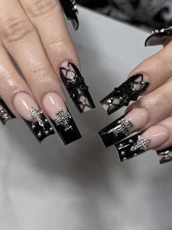 24pcs Y2K Gothic Black French Stud And Cross Stud Art Set, Steel Ball And Bow Accent - Medium Rectangular Feminine Press Stud, Smooth Finish, Suitable For Daily Wear And Holiday Occasions, Nail Accessories, Decorative Nails, French Stud Design