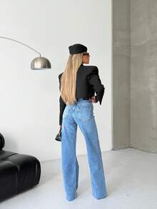 SQUALO Women's Wide Leg Color With Pocket Details Destroyed Retro Washed Street Style Jeans Ripped And Cutout Wide Leg Jeans - Blue - View 4