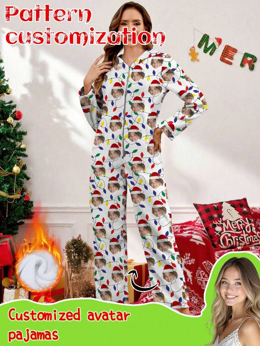 Printstory Customized Fleece Jumpsuit, Personalized With Human, Family Member, Pet, Cartoon, Holiday-Themed Interesting Graphics, Great For Christmas, Holiday Gifts