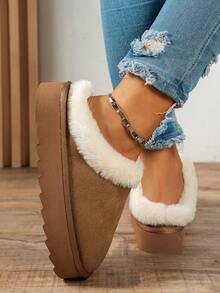 Autumn/Winter Soft Plush Warm Quiet Thick Sole Mid-Heel Closed-Toe Slippers For Teenagers, Girls Fashion Simple Versatile Casual Slip-On Slippers