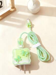 1,5 m Organizador de cables con mariposas verdes con set de 6 piezas, incluyendo protector de cabezal de carga TPU, compatible con cable de carga rápida de Apple 20W, bolsa de carga, estuche de carga, bolsa impermeable para mujeres y hombres, organizador electrónico, artículos esenciales de viaje - Multicolor - Ver 6