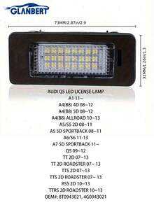 GLANBERT 2 pièces Lampe de plaque d'immatriculation compatible avec Audi LED Éclairage de plaque d'immatriculation A3/S3/A4/S4/A6/A8/Q5/Q7/RS4/A4/A6/A7/Q5/TT, pour Passat, pour Jetta, pour MK6, pour 8T0943021, pour 4G0943021 Éclairage de plaque d'immatriculation
