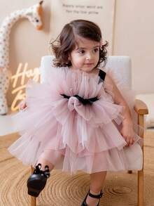 Baby Girls' Pink Bow Contrast Color Elegant Party Dress, Princess Dress Suitable For 1st Birthday Party, Wedding, Holiday Celebration - Pink - View 4