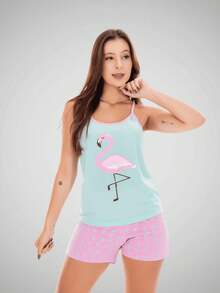 Women's Silk Print Short Doll Pajamas With Comfortable Straps - 乾枯玫瑰色 - 查看 3