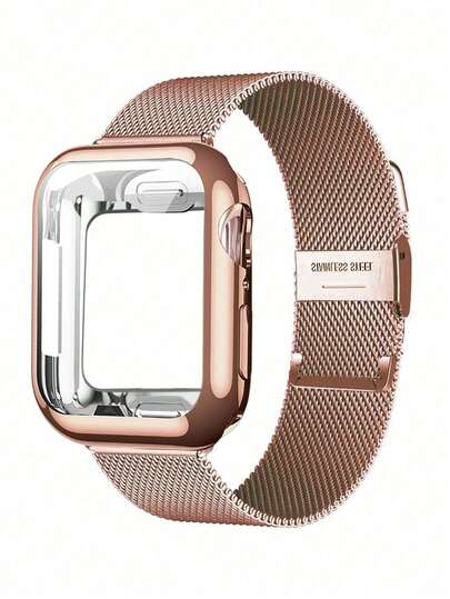 2pcs Compatible With Apple Watch Bands And Watch Protective Case, Fashionable Rose Gold Stainless Steel Mesh Band + Rose Gold TPU Protective Case For 38mm 40mm 41mm 42mm 44mm 45mm Apple Watch Series 10/9/8/7/6/5/4/3/2/1 & SE, Adjustable, Waterproof, Breathable, Crystal Rhinestone, Anti-Drop, Shiny Watch Accessory Set
