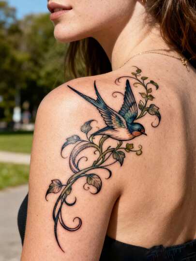 STARTTOOS Grote bloemenarm tijdelijke tattoo - Modieuze gepersonaliseerde neptattoo sticker met wijnrank- en zwaluwpatroon, geschikt voor doe-het-zelf anime festivals, carnaval, muziekfestivals, Valentijnsdag, feestjes en vakantiecadeaus. Waterdichte realistische tattoo sticker voor sexy dijen, borst, buik, rug, schouder, nek en sleutelbeen.