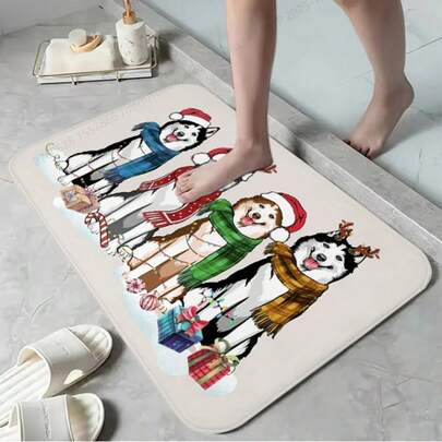 Husky Christmas Bath Mat - Super Soft, Non-Slip, Absorbent Plush Rug, Ideal For Dog Lovers - Perfect For Bathroom And Living Room Decor, Christmas Decoration Kitchen Rug