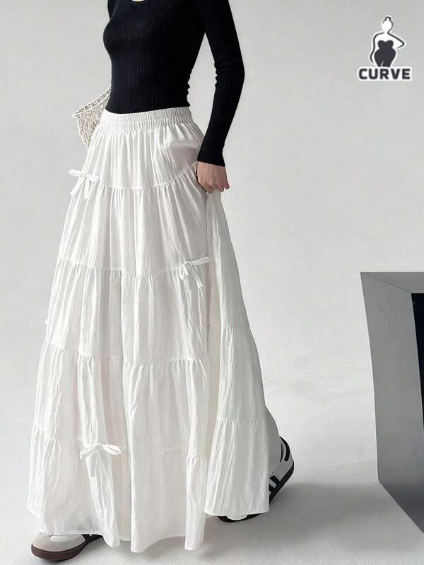 Women's Plus Skirt Sweet Bowknot High Waisted Retro Loose Elegant Fashion A-Line Skirt For Women