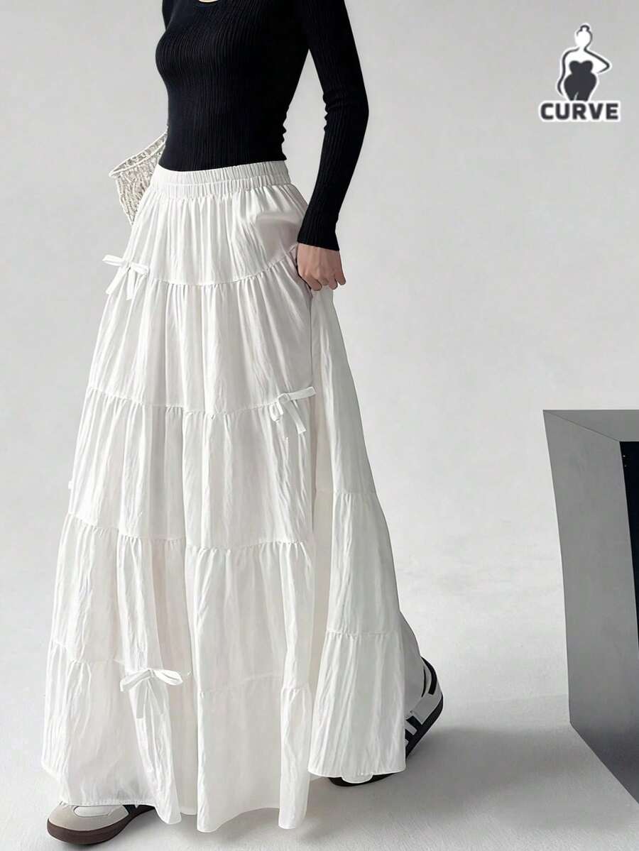 Women's Plus Skirt Sweet Bowknot High Waisted Retro Loose Elegant Fashion A-Line Skirt For Women