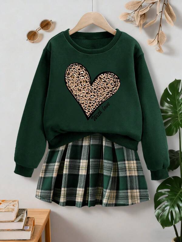 Tween Girl Leopard Print Heart Graphic Crew Neck Long Sleeve Top And Plaid Mini Skirt Set
