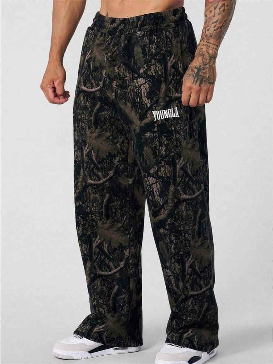 YOUNGLA Bionic Camouflage Sweatpants Loose Straight Fitness Training Trousers - 黑色 - 查看 1