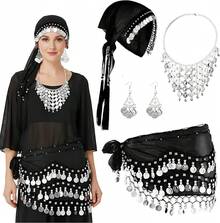 Pieces Costume Women Fortune Teller Accessories Belly Dance Scarf Set Scarf - Đen, Bạc - Xem 1