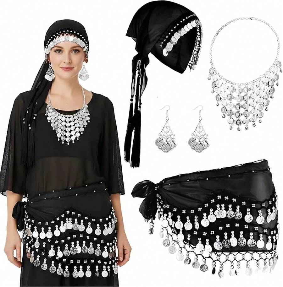 Pieces Costume Women Fortune Teller Accessories Belly Dance Scarf Set Scarf - Đen, Bạc - Xem 1