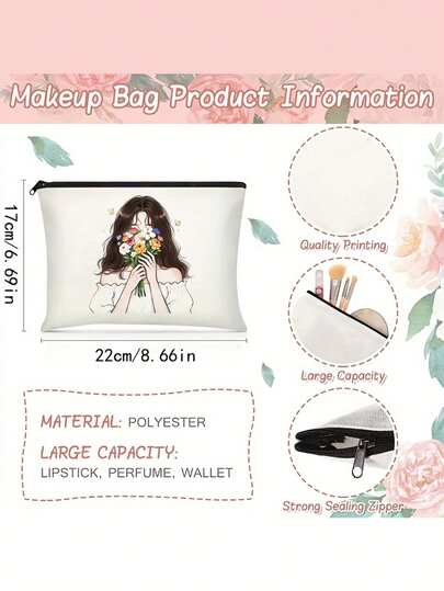 1 件单面甜美风格拉链化妆包 - 大容量米色多功能旅行洗漱包，饰有玻璃杯、猫咪和心形印花。可作为送给女士、朋友、家人和老师的礼物（适合婚礼和节日），以猫咪主题配饰为特色，采用个性化设计和精湛工艺。