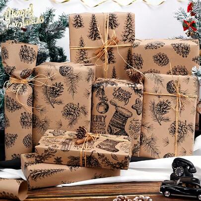 1 Roll Extra Large Christmas Gift Wrapping Paper - Thick & Tear-Resistant, Beige & Brown, Elegant Design With Pine Trees, Snowflakes, Red/Black/White Patterns - Big Size 16.93x118.11 Inches Suitable For Large Gifts, Boxes, Holiday Packaging - Applicable For Christmas, Birthday, Wedding, Corporate Events - Durable Wrapping Paper Roll, 4 Stylish Patterns, High Quality, No Components, Suitable For Holidays, Christmas Gift Wrapping Paper, Vintage Christmas Wrap