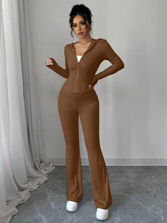 Solid Color Hooded Zipper Long Sleeved Sports Style Top And Flared Pants Two Pieces Set, 2-Piece Set, Fashionable, Simple, Casual, Outdoor, Street, Sports, Daily, Spicy Girl, Fall/Winter Clothes For Women