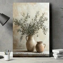 1pc Rustic Olive Branch Canvas Wall Art, Botanical Still Life Print For Farmhouse Home Decor, Neutral Earthy Tones & Ceramic Vases, Mediterranean Style Living Room Kitchen Dining Room Decoration - 彩色 - 查看 4